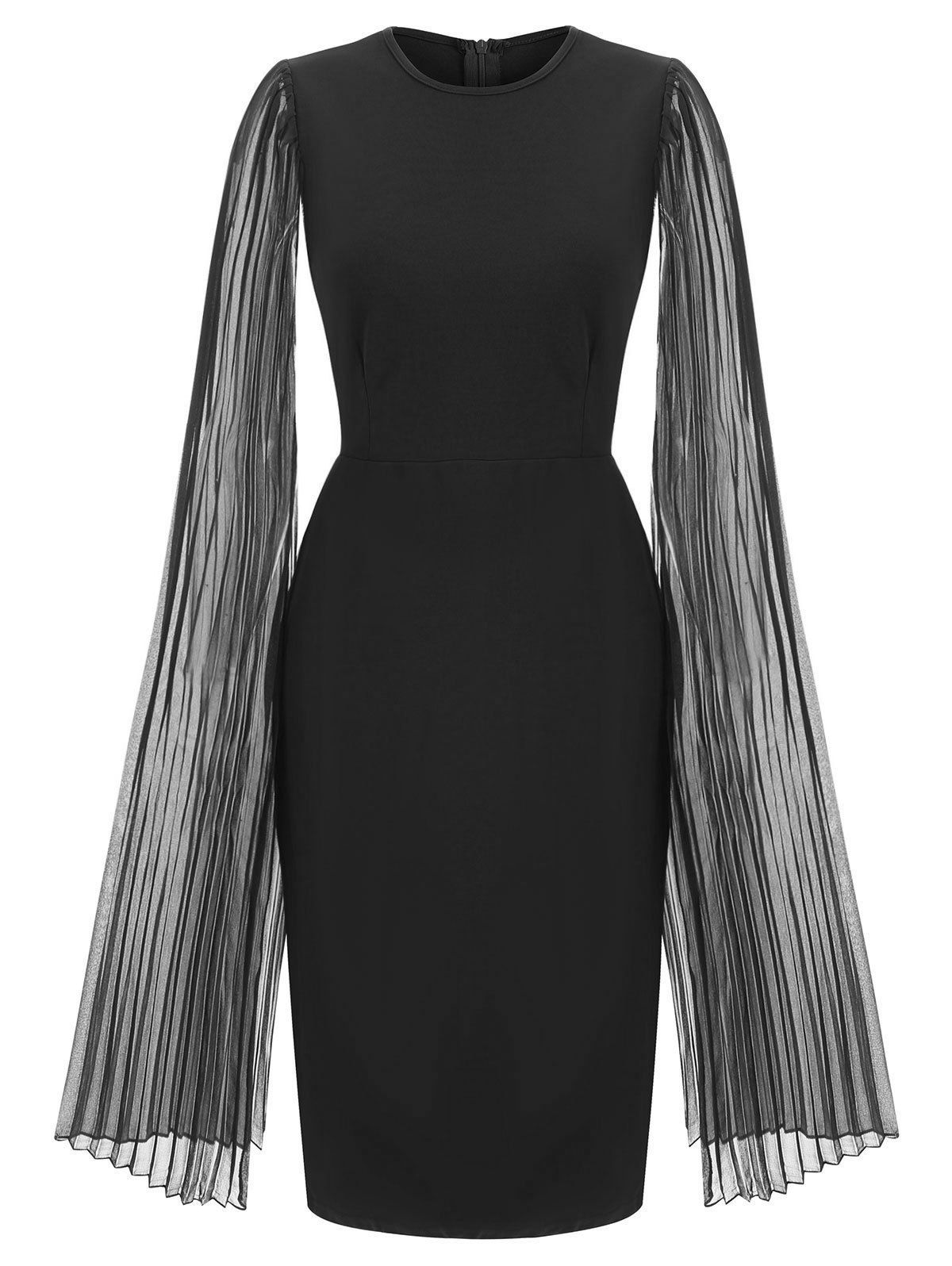 

Pleated Split Sleeves Round Neck Sheath Dress, Black
