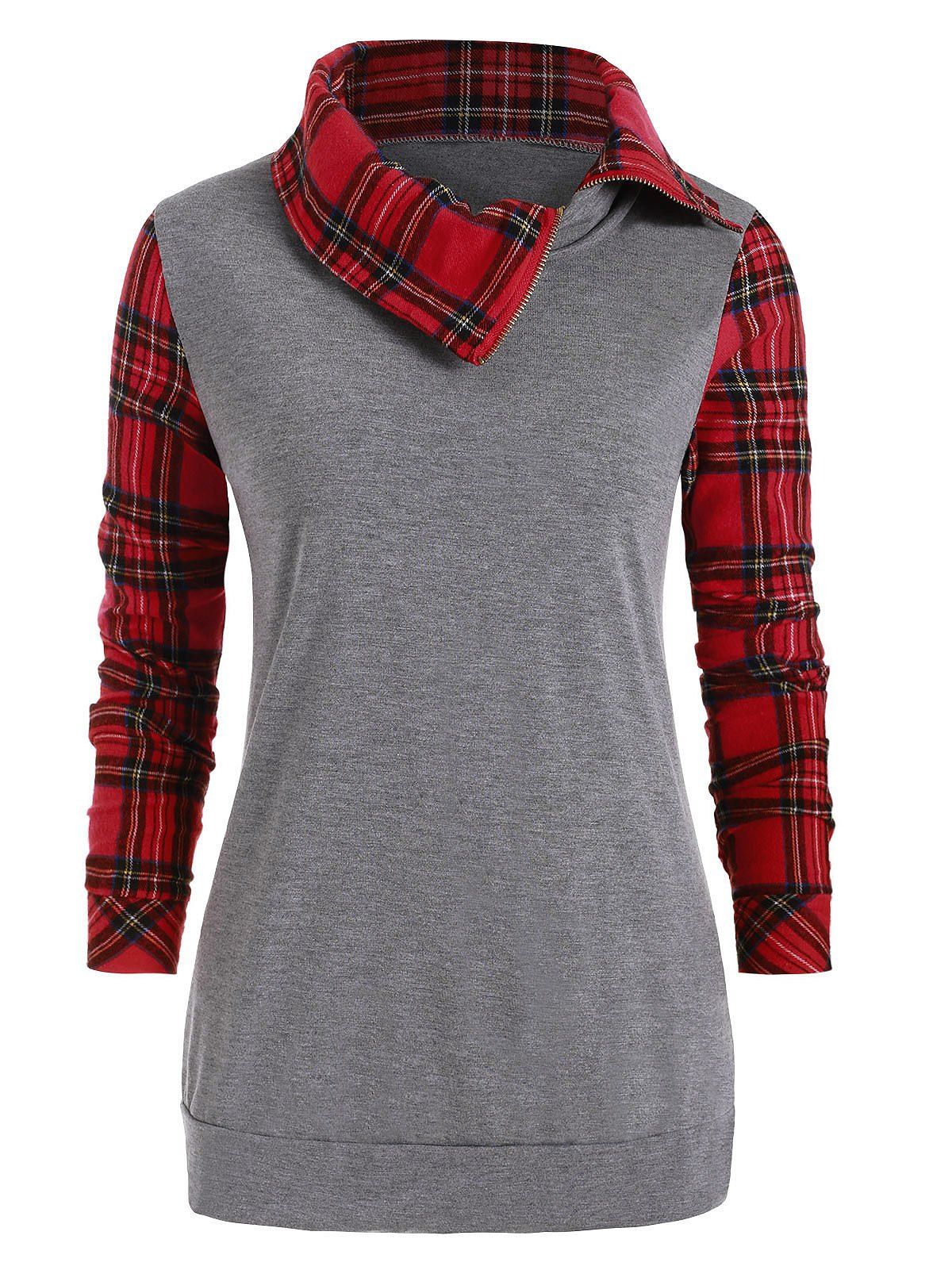 

Mock Button Plaid Loose Sweatshirt, Gray