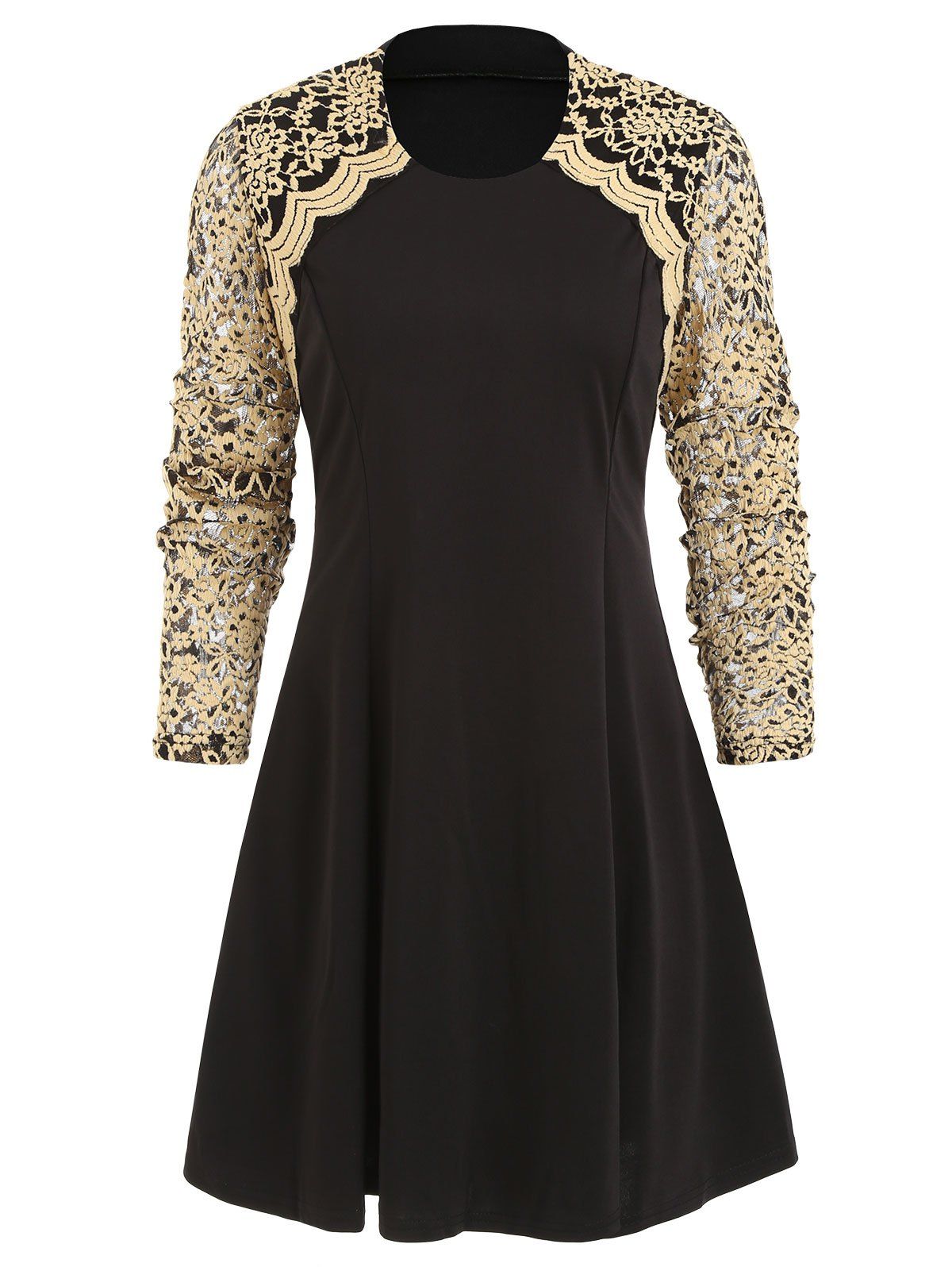 

Lace Panel Round Collar A Line Dress, Black