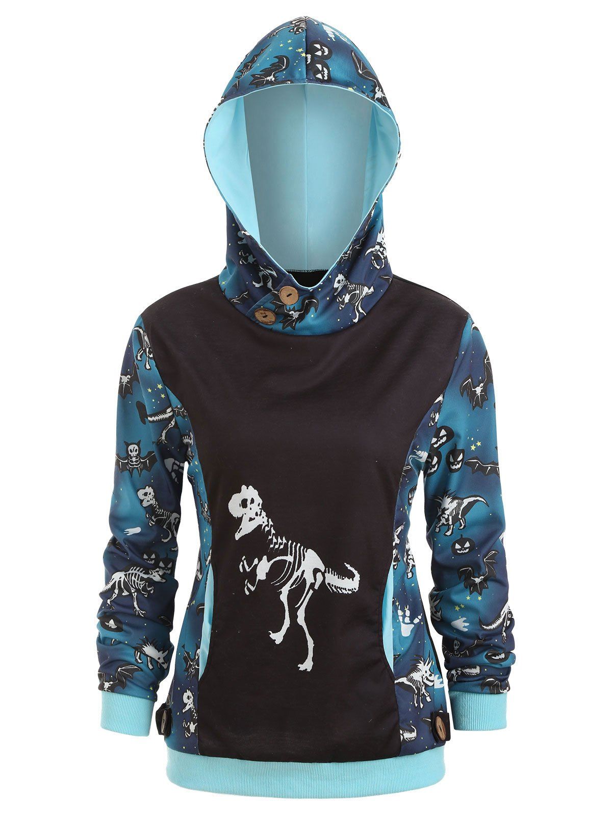 

Dinosaur Bat Skeleton Pumpkin Contrast Halloween Hoodie, Black