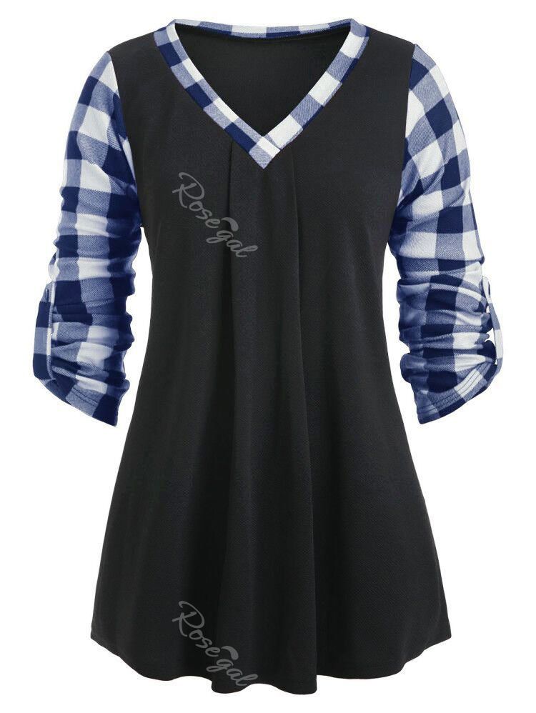 

Plus Size V Neck Roll Up Sleeve Plaid Tunic T-shirt, Blue