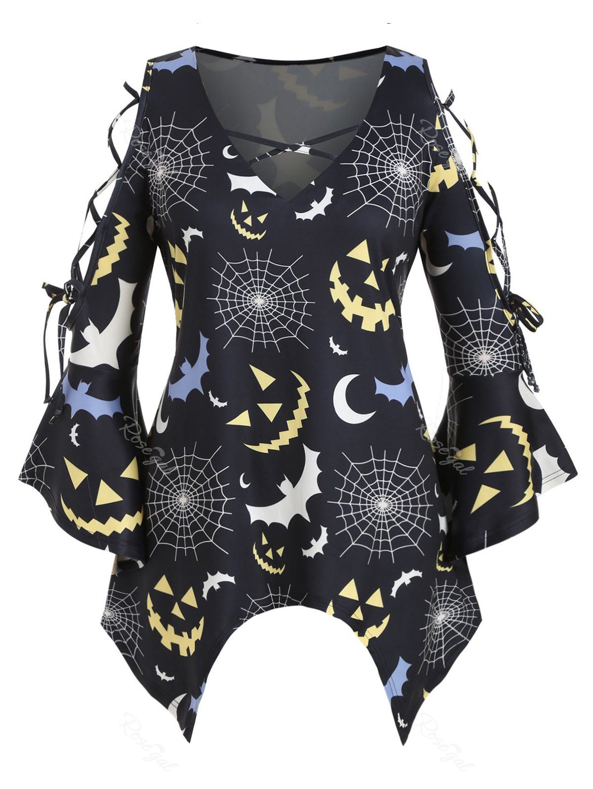 

Halloween Cobwebs Print Flare Sleeve Criss Cross Plus Size Top, Black