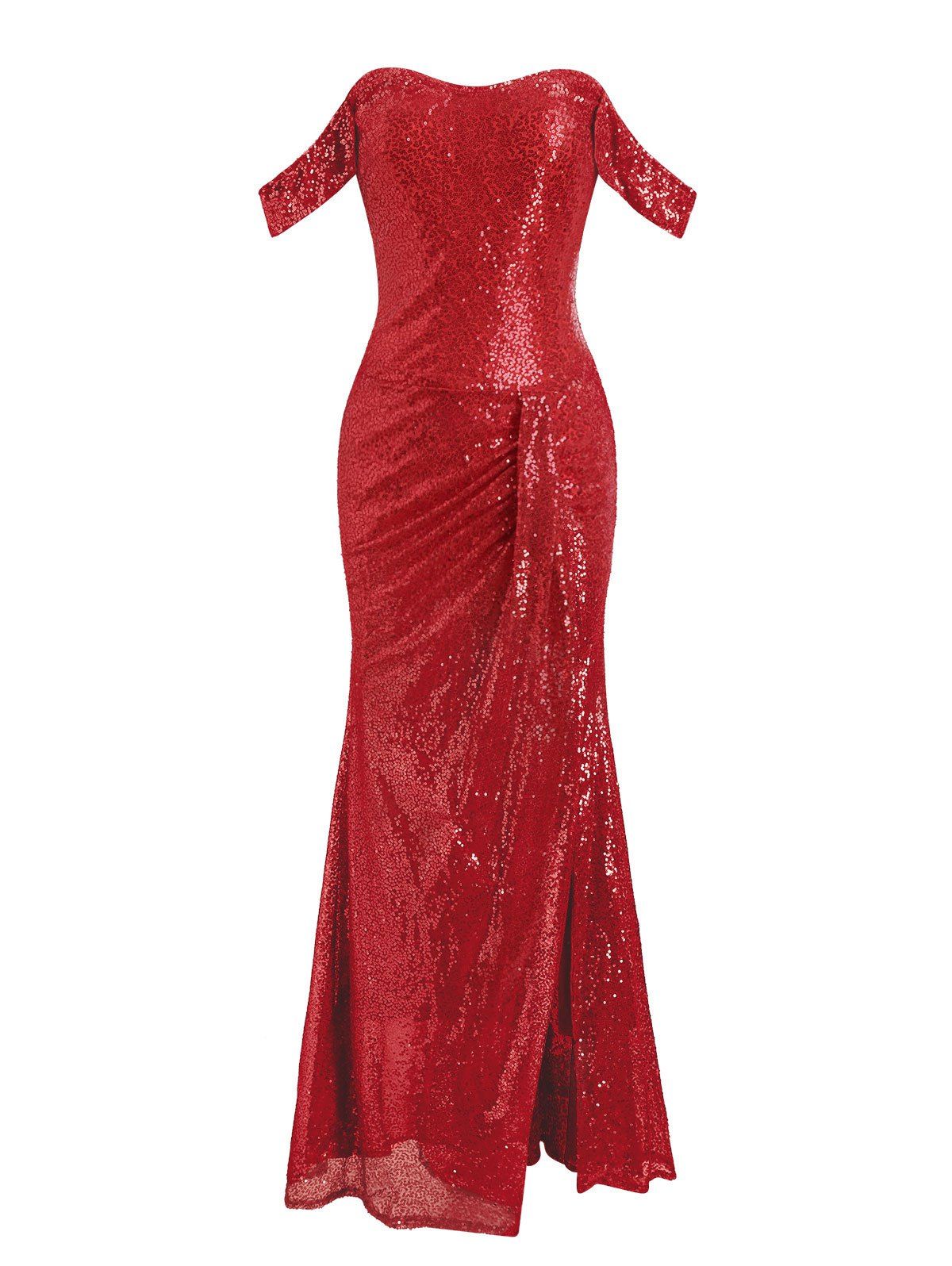 

Off Shoulder Gathered Sequined Sheath Maxi Dress, Red