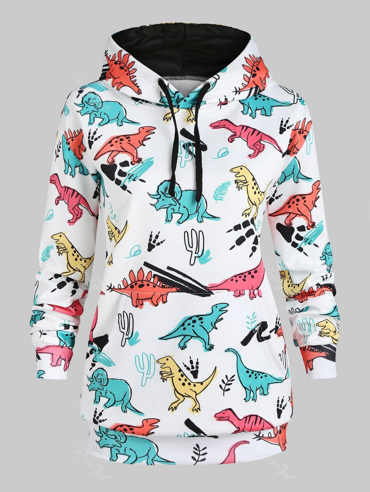

Drawstring Front Pocket Dinosaurs Print Plus Size Hoodie, Multi-b