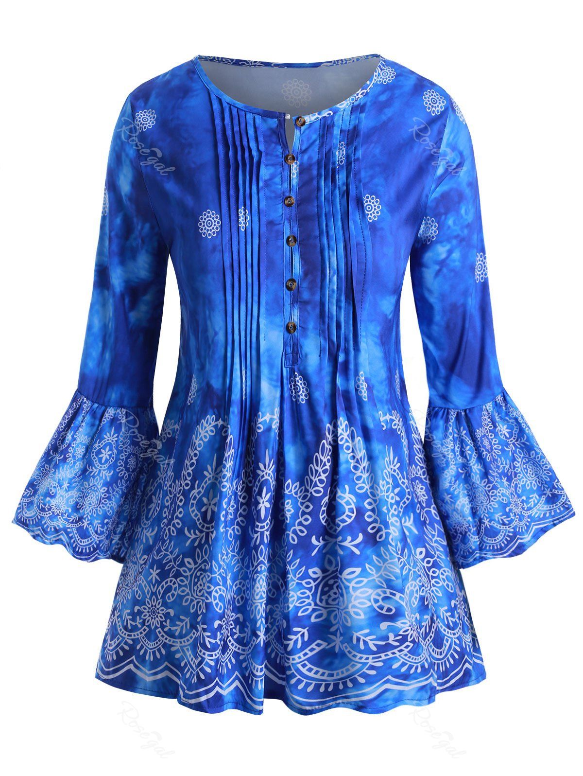 

Button Loop Front Printed Pintuck Plus Size Blouse, Blue