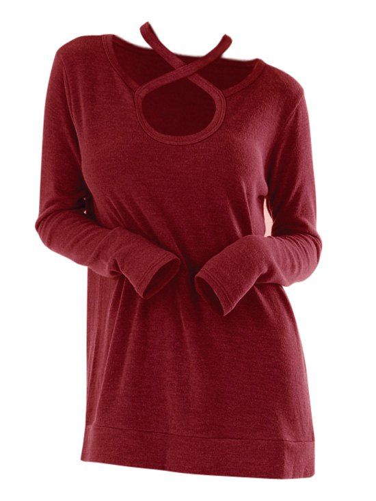 

Criss Cross Keyhole Long Sleeve T-shirt, Red wine