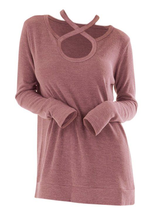 

Criss Cross Keyhole Long Sleeve T-shirt, Khaki rose