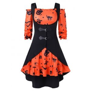 

Plus Size A Line Off The Shoulder Halloween Vintage Dress with Solid Vest, Orange