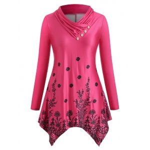 

Plus Size Cowl Neck Plant Print Asymmetrical Tunic Top, Watermelon pink
