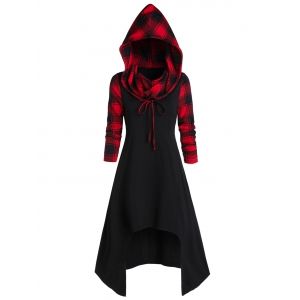 

Convertible Hooded Plaid High Low Midi Dress, Black