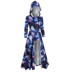 

Hooded Galaxy Print High Slit Maxi Top, Black