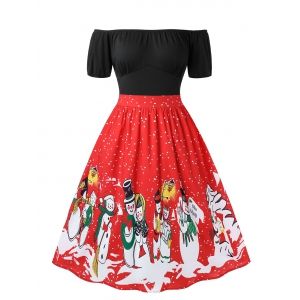 

Plus Size Christmas Retro Off Shoulder Snowman Print Party Dress, Red