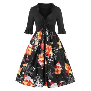 

Plus Size Christmas Cinched Santa Claus Gift Print Party Dress, White