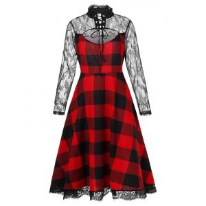 

Plus Size Halloween Cut Out Lace Panel Plaid Dress, Red wine