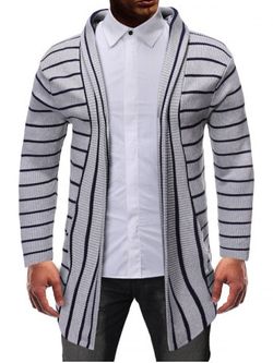 Striped Design Open Front Knitted Hooded Cardigan - GRAY - XS