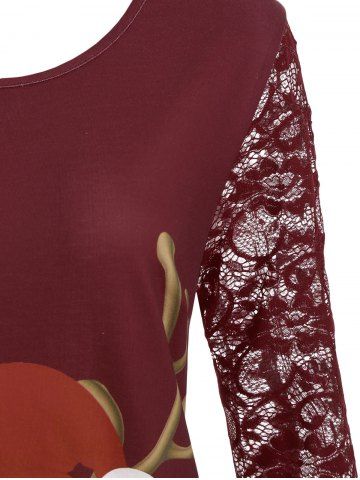 Longline Lace Panel Cartoon Elk Print Christmas Plus Size Top