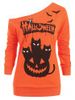 Skew Neck Bat Letter Cats Print Halloween Sweatshirt -  