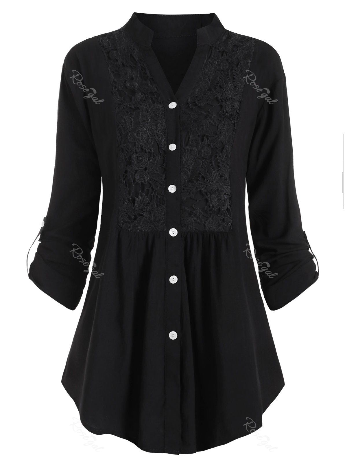 

Plus Size Roll Up Sleeve Lace Crochet Shirt, Black