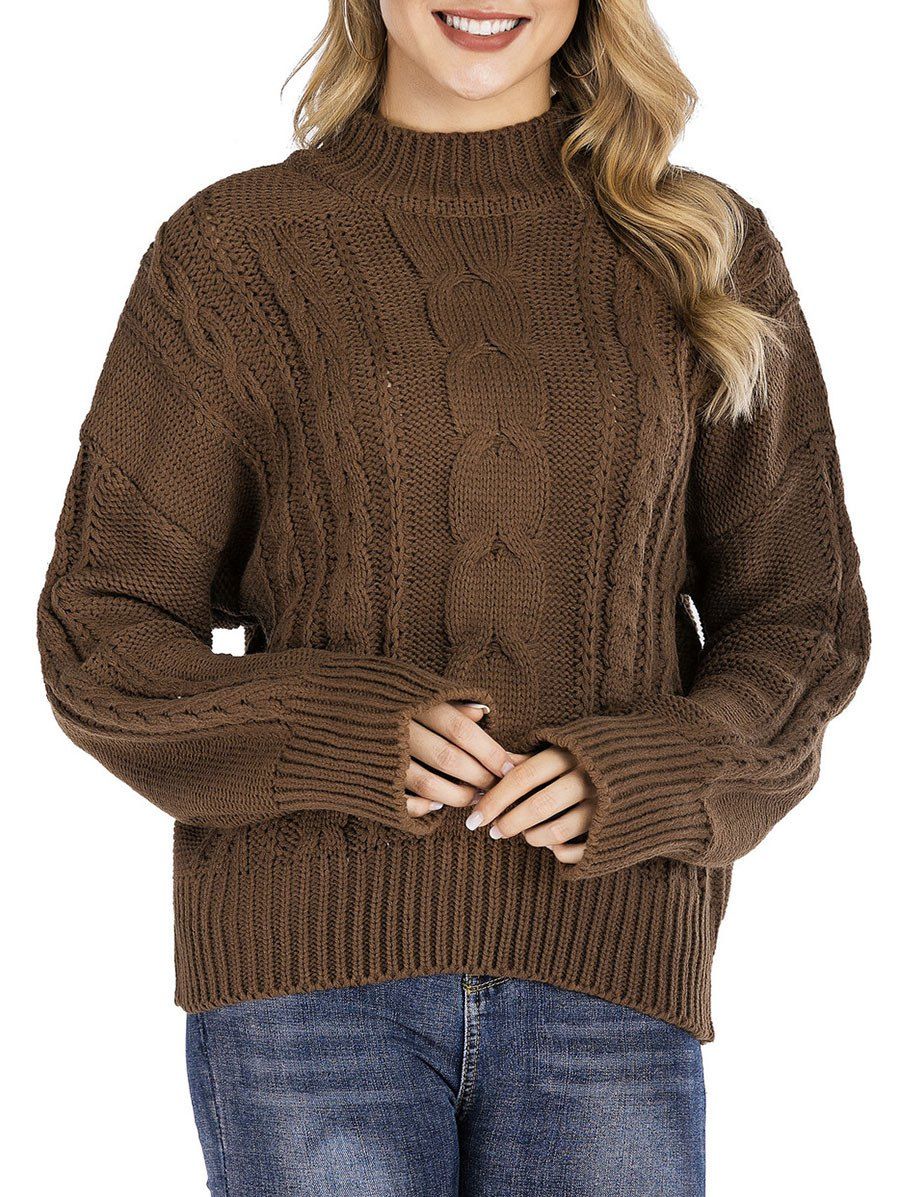

High Neck Cable Knit Chunky Sweater, Brown