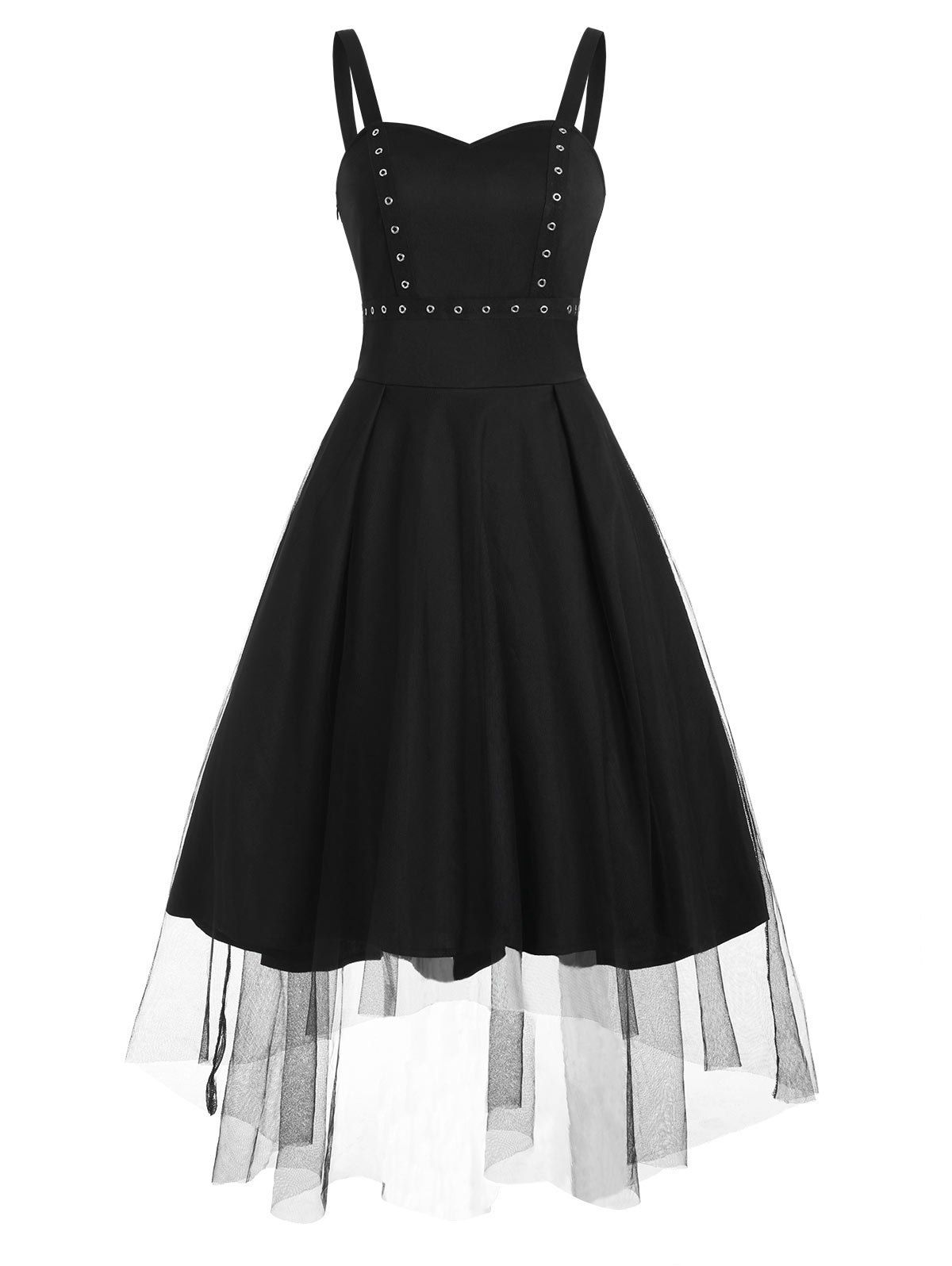 

Grommet Dip Hem Mesh Overlay Dress, Black