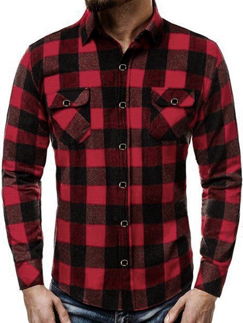 

Checkered Print Chest Pocket Button Shirt, Red