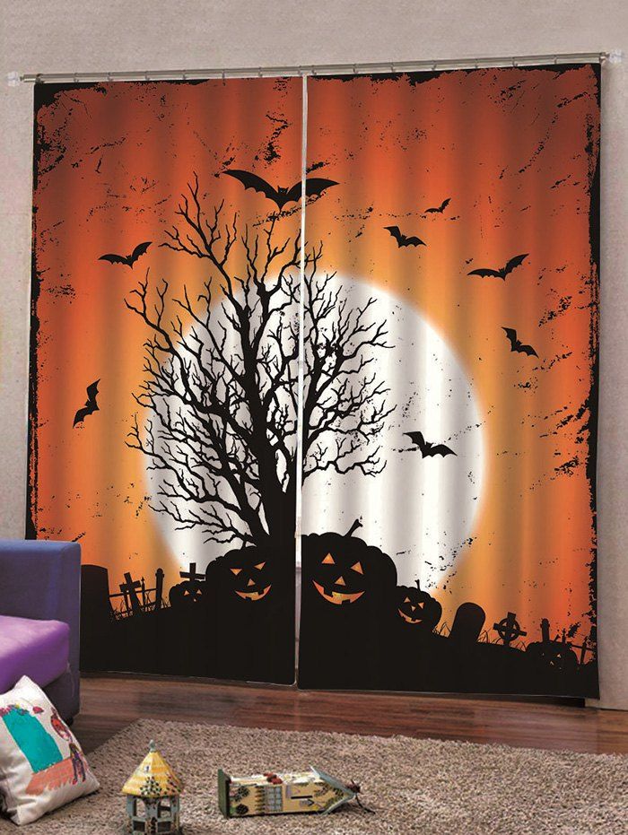 

2PCS Halloween Pumpkin Bat Window Curtains, Multi-c