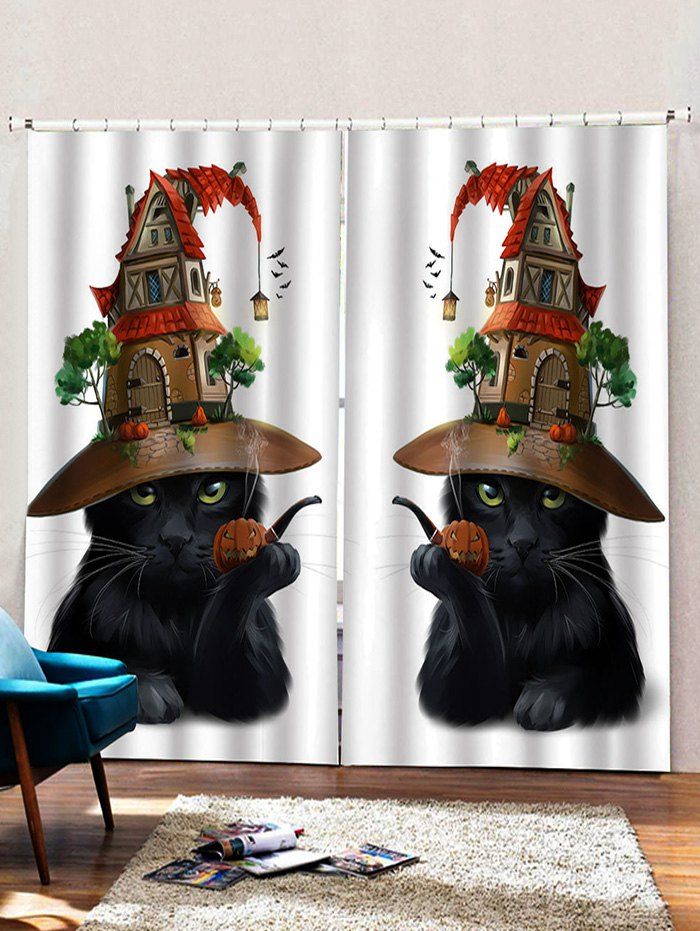

2 Panels Print Halloween Cat Waterproof Window Curtains, Multi