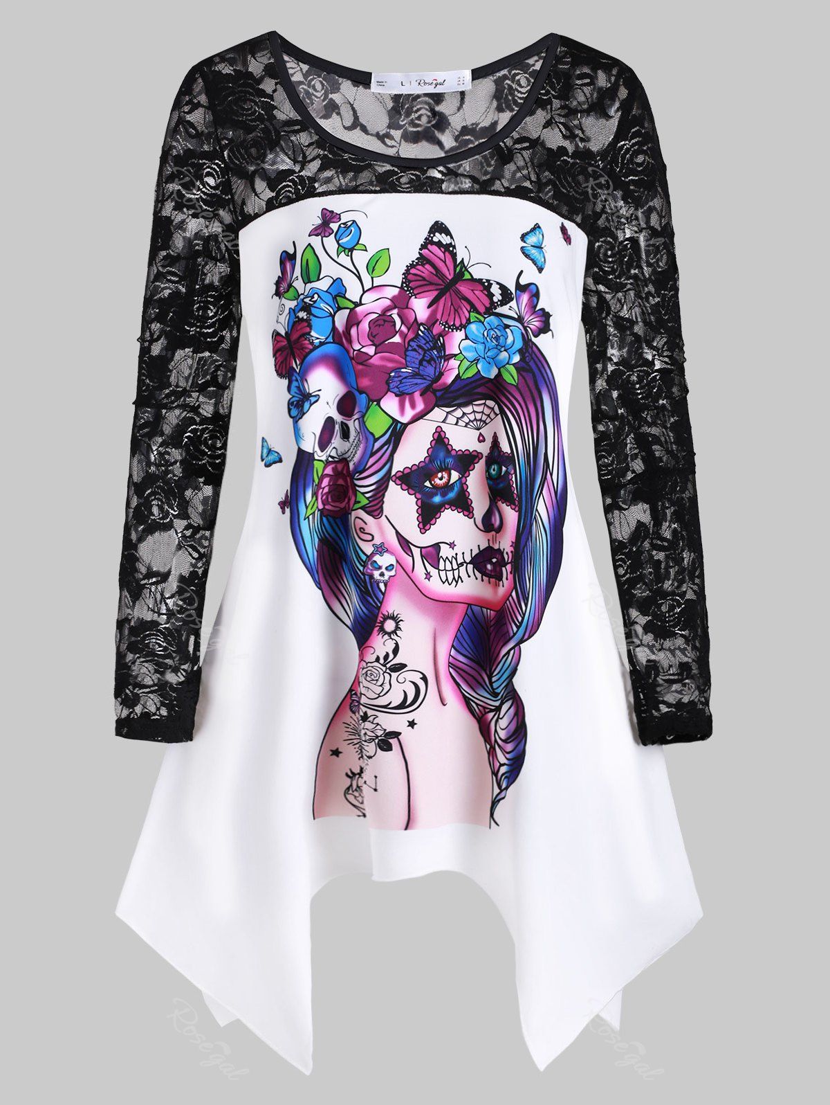 

Plus Size Halloween Printed Lace Insert Handkerchief T Shirt, White