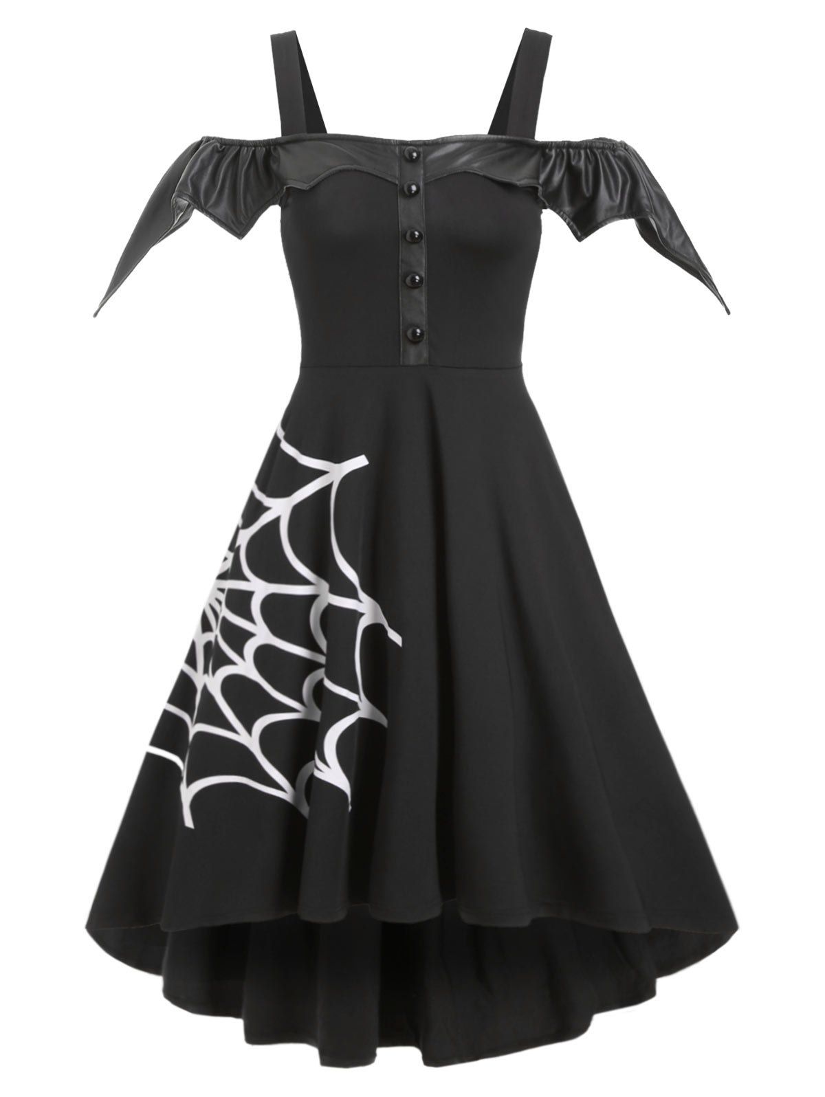 

Halloween Spider Net Open Shoulder Dip Hem Dress, Black
