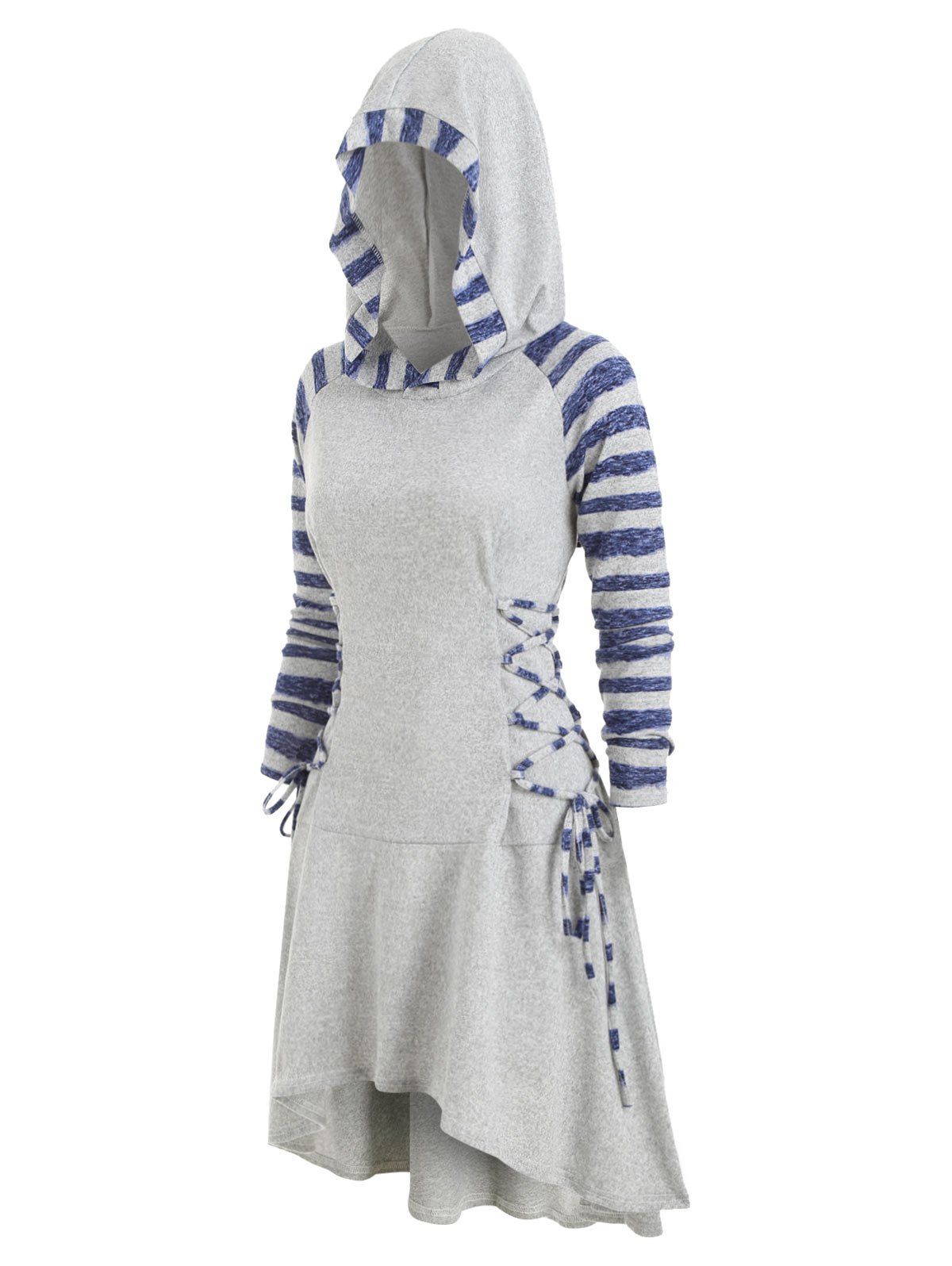 

Striped Lace Up Raglan Sleeves Hooded Dress, Gray cloud