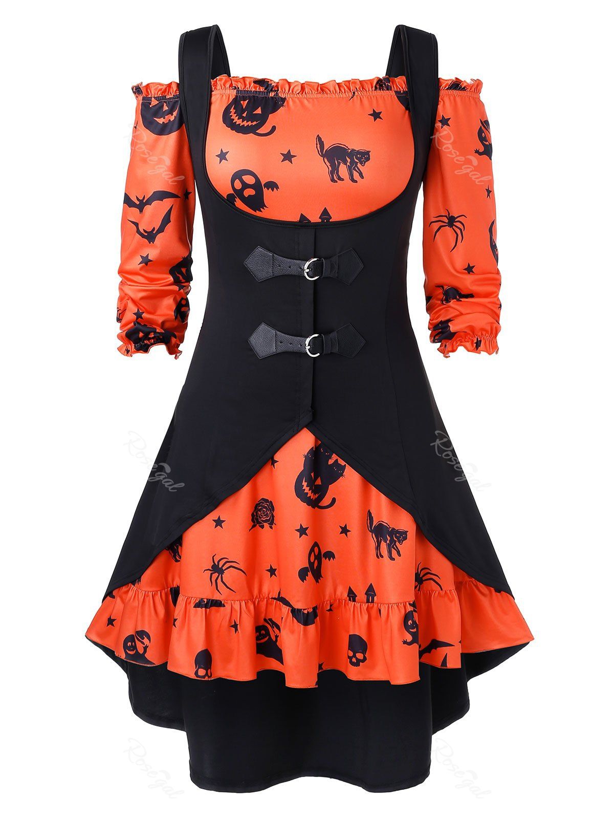 Robe d'Halloween Ligne A Vintage à Epaule Dénudée de Grande Taille avec Gilet en Couleur Unie Orange 1X