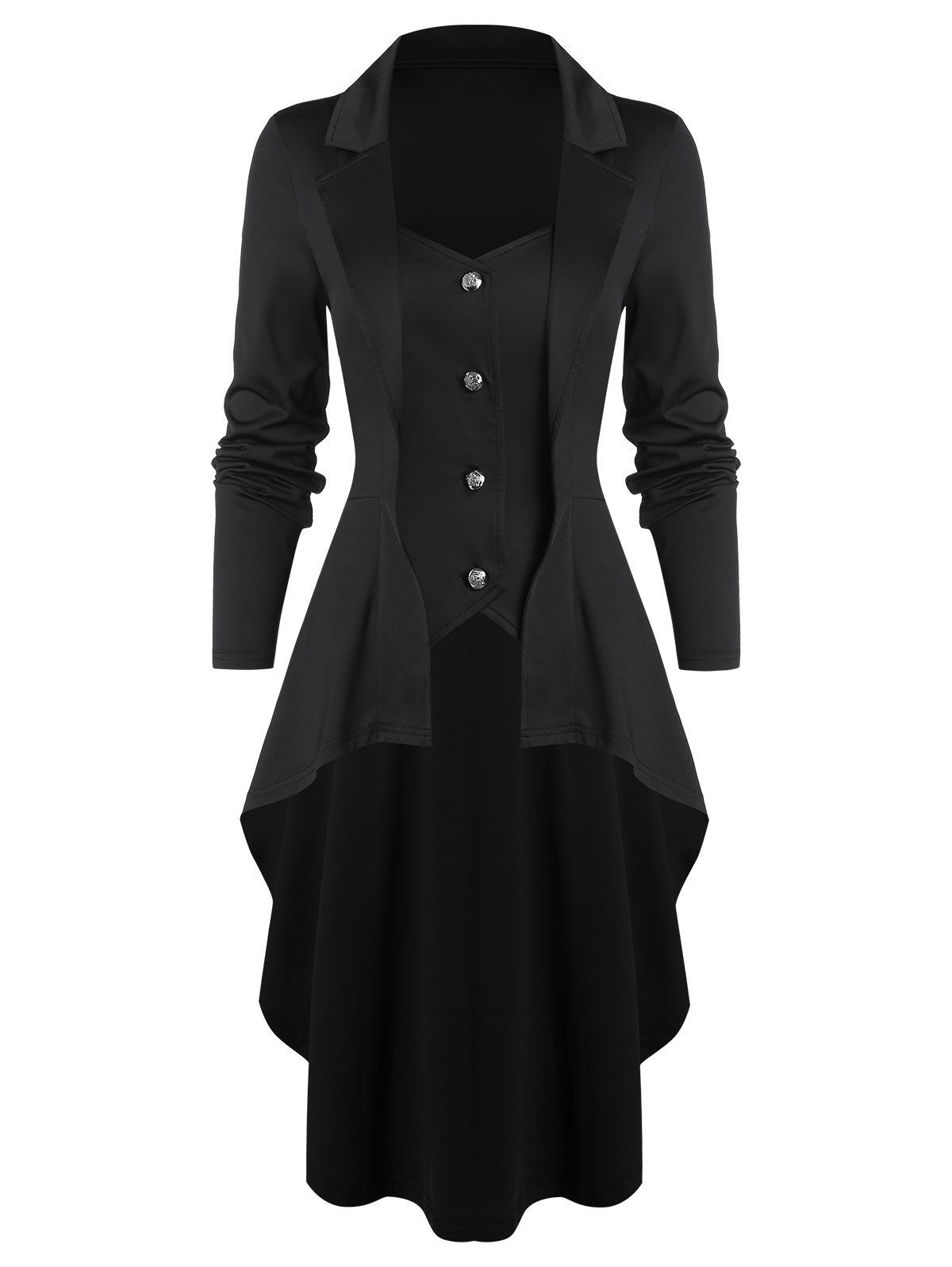 

High Low Button Through Skirted Coat, Black