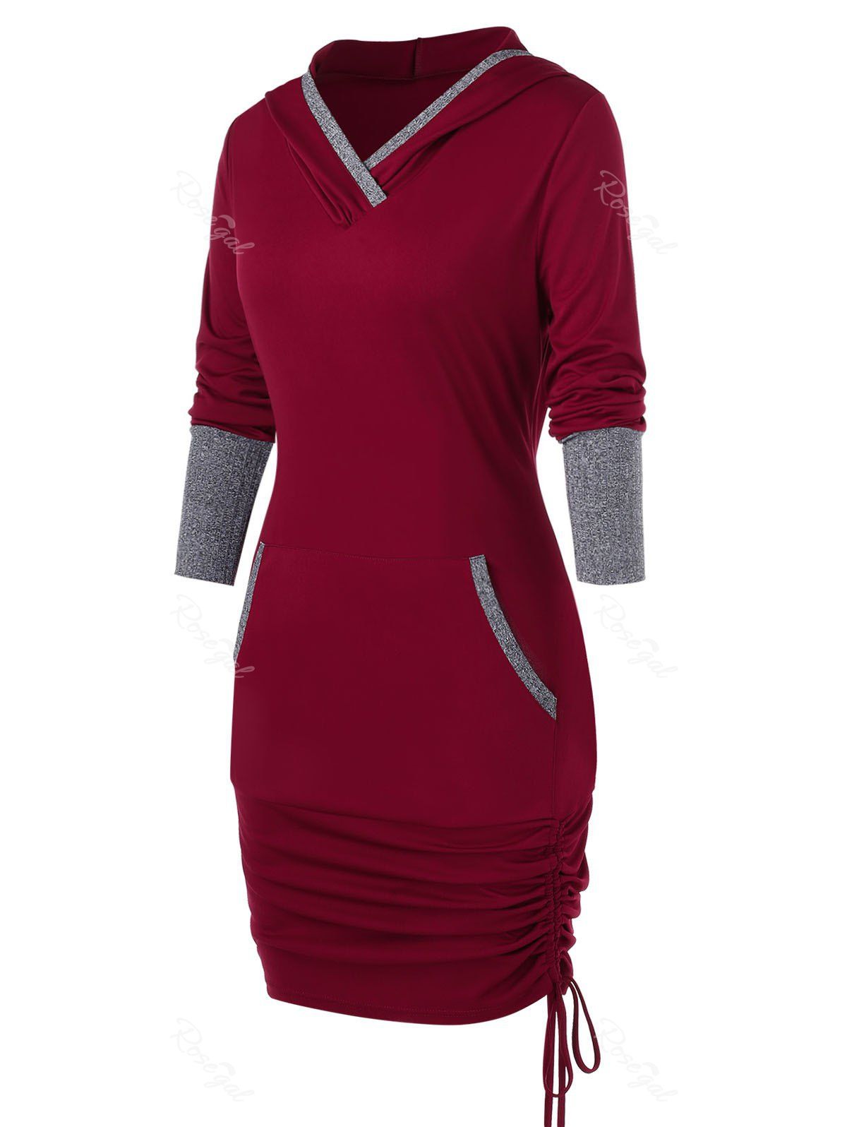 

Plus Size Kangaroo Pocket Cinched Knitted Cuff Long Hoodie, Red wine