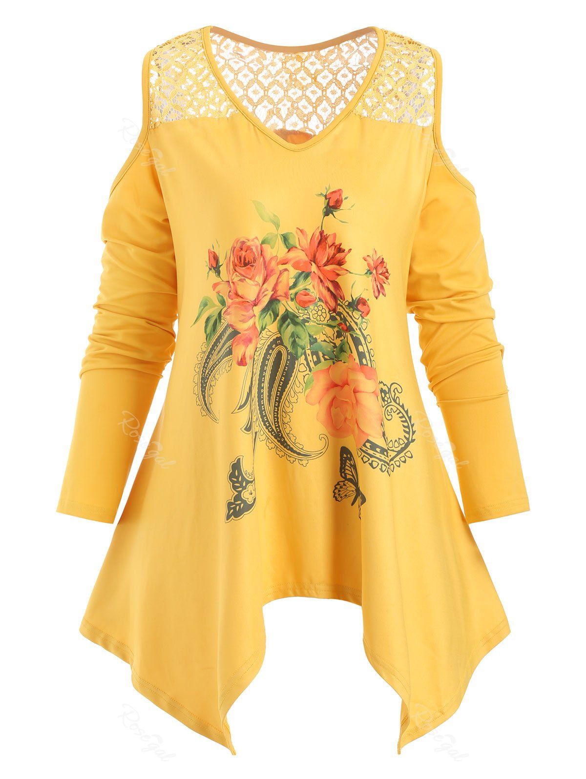 

Plus Size Floral Cold Shoulder Lace Yoke Tunic Top, Golden brown