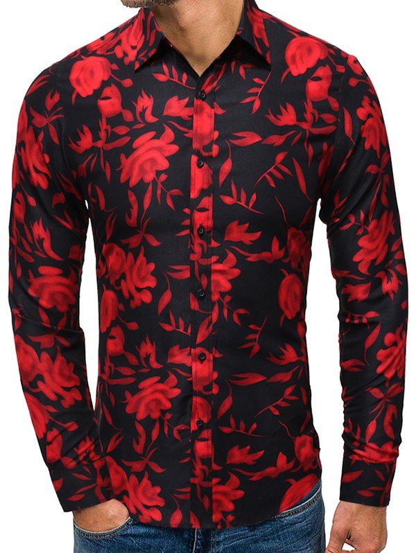 

Flower Leaf Print Casual Long Sleeves Shirt, Black