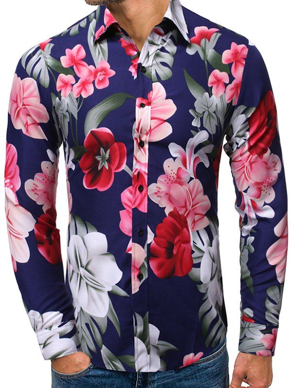 

Floral Pattern Casual Long-sleeved Shirt, Deep blue