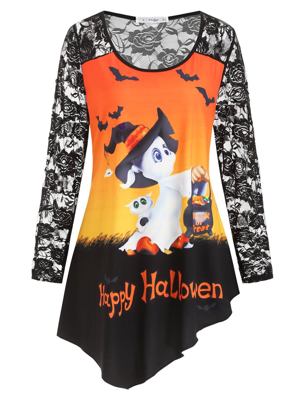 

Plus Size Halloween Lace Panel 3D Print T Shirt, Black