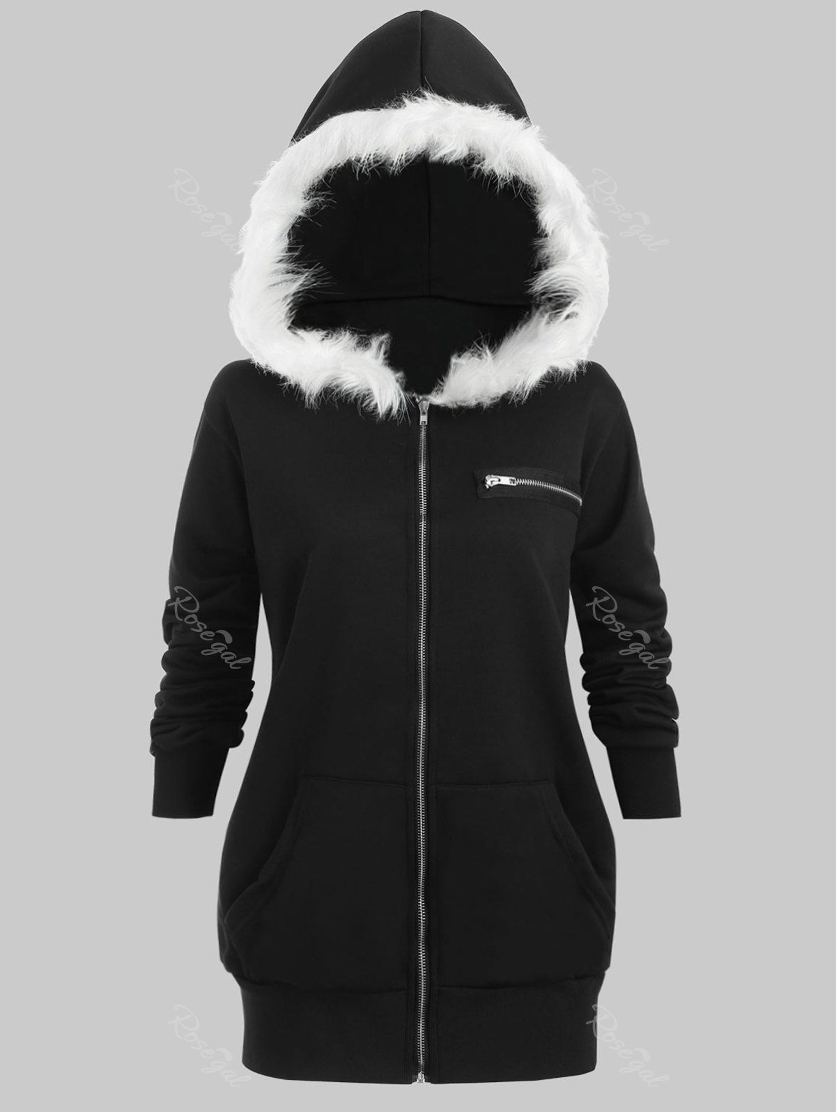 

Plus Size Zip Fly Faux Fur Graphic Coat, Black
