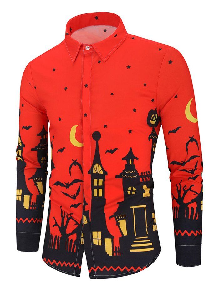 

Halloween Castle Bat Moon Print Curved Hem Shirt, Multi