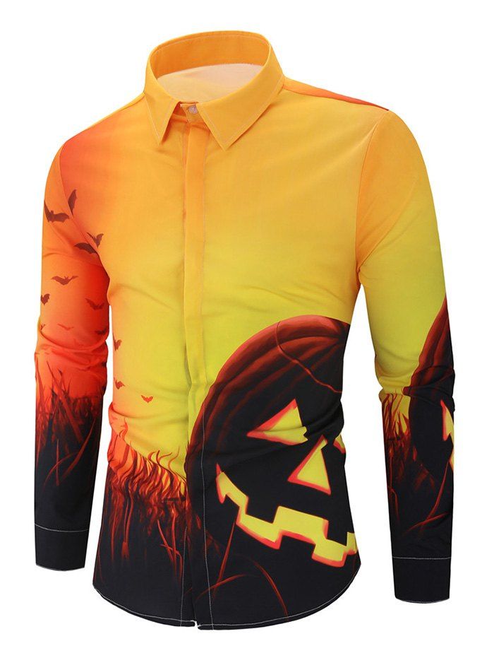 

Halloween Pumpkin Bat Print Long Sleeve Button Shirt, Multi