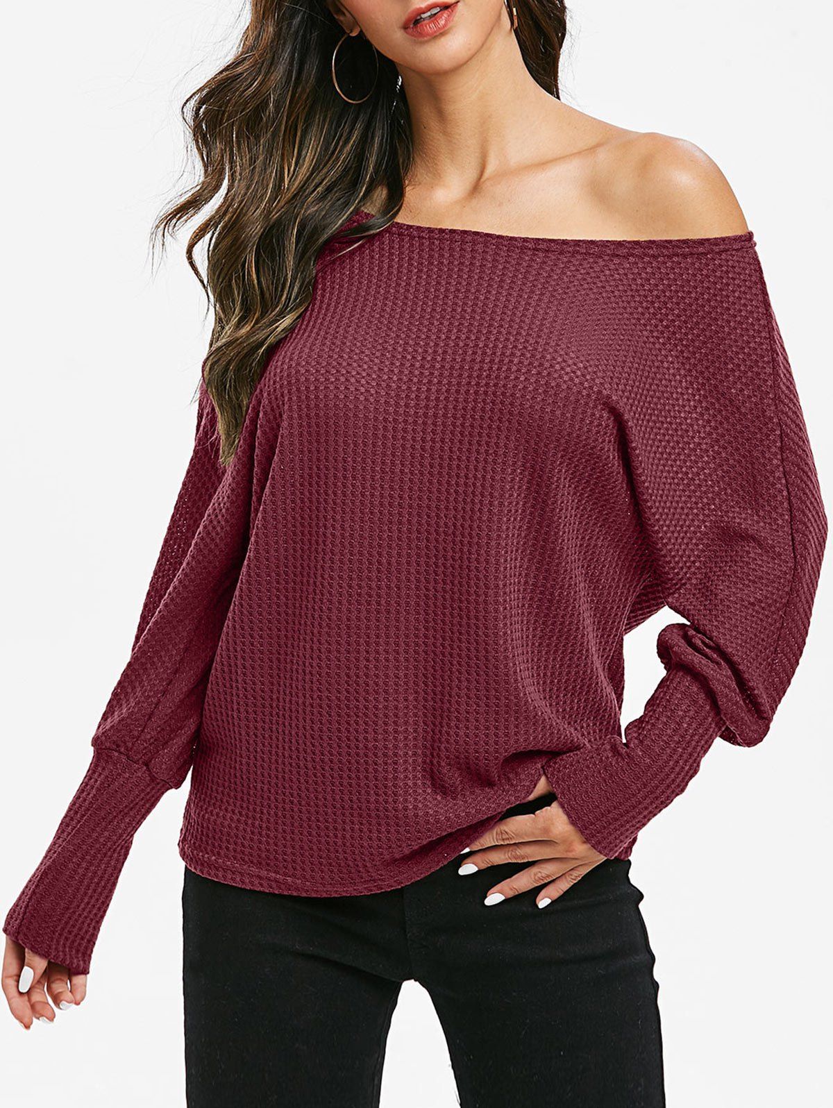 

Batwing Sleeve Skew Neck Tunic Top, Red wine