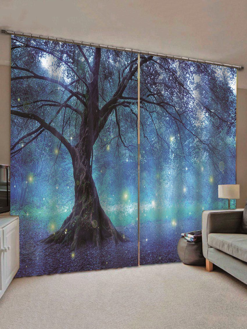 

2 Panels Print Tree Glowworm Waterproof Window Curtains, Multi