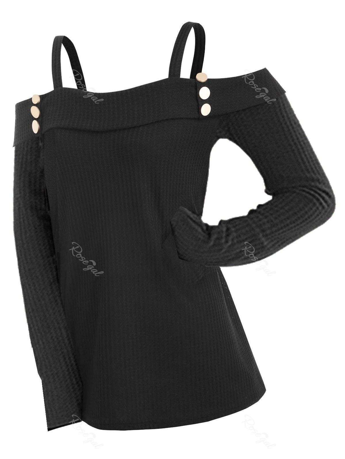 

Plus Size Buttons Open Shoulder Knit Top, Black