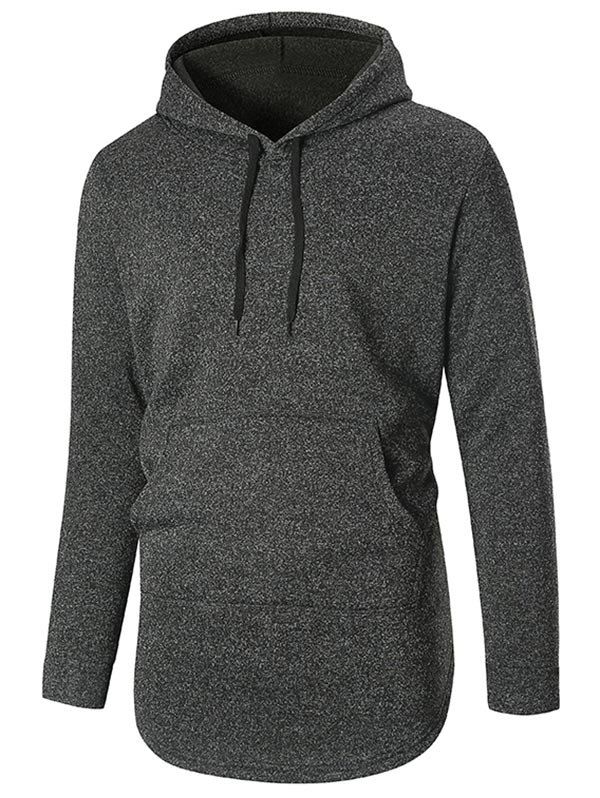 

Curved Hem Solid Kangaroo Pocket Hoodie, Black