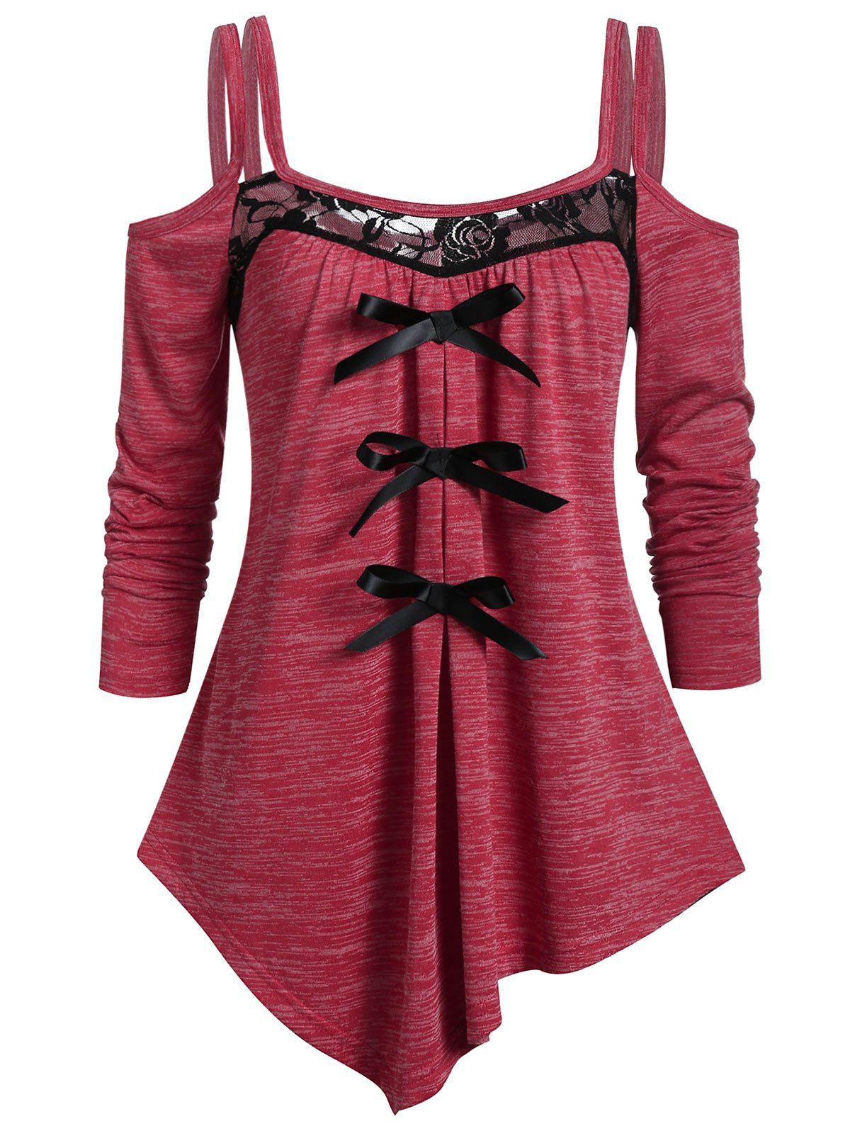 

Cold Shoulder Cami Marled Lace Panel T Shirt, Cherry red