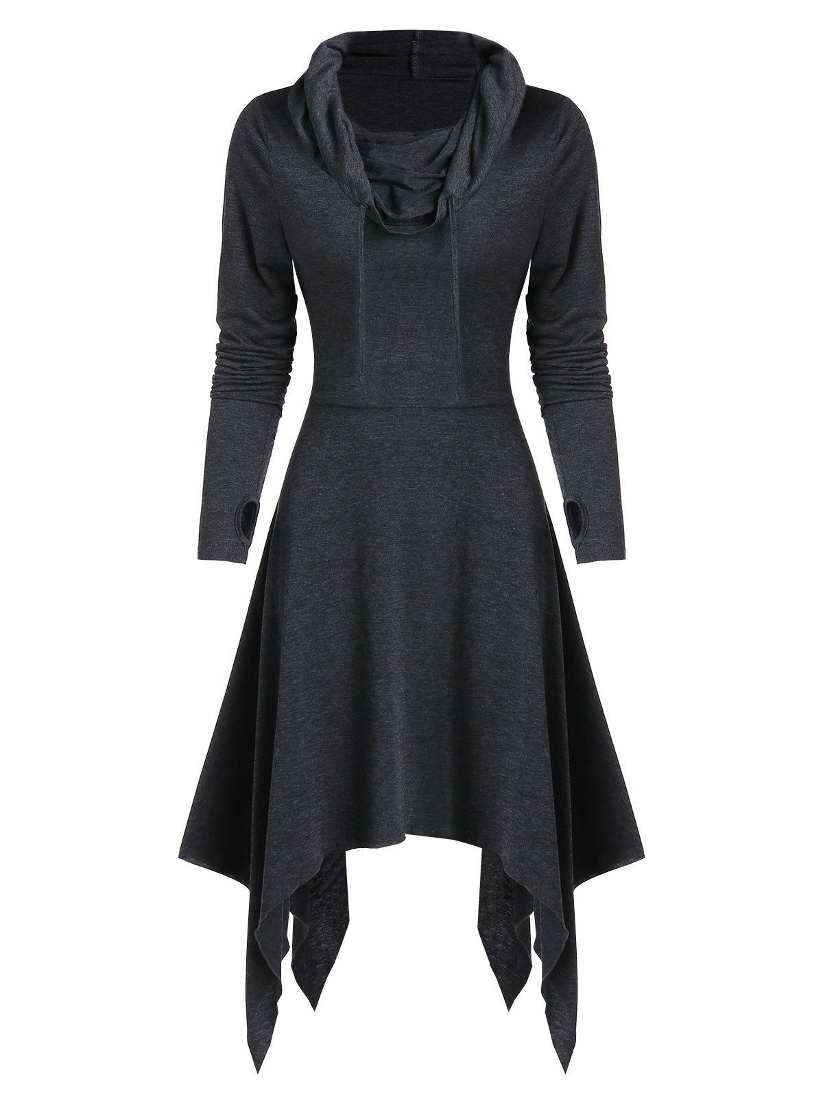 

Convertible Hooded Glove Sleeve Heathered Handkerchief Dress, Dark gray