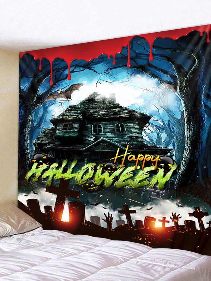Halloween Blood Haunted House Print Tapestry, Black