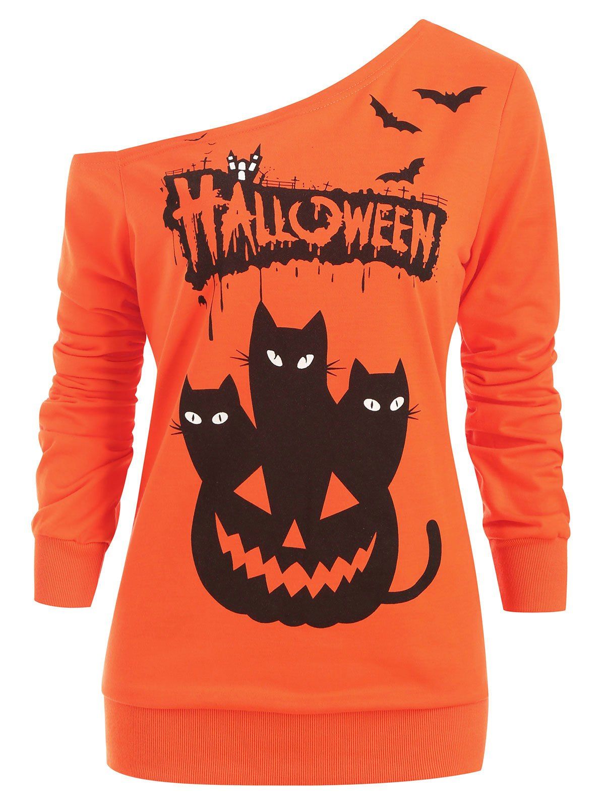 

Skew Neck Bat Letter Cats Print Halloween Sweatshirt, Pumpkin orange