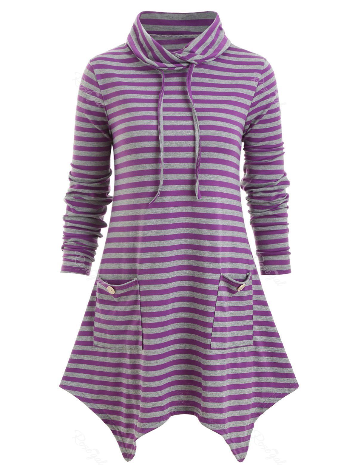 

Cowl Neck Stripes Pockets Handkerchief Plus Size Top, Dark orchid