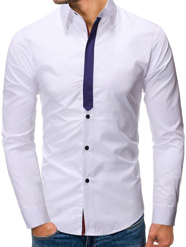 

Color Spliced Button Up Long-sleeved Casual Shirt, White